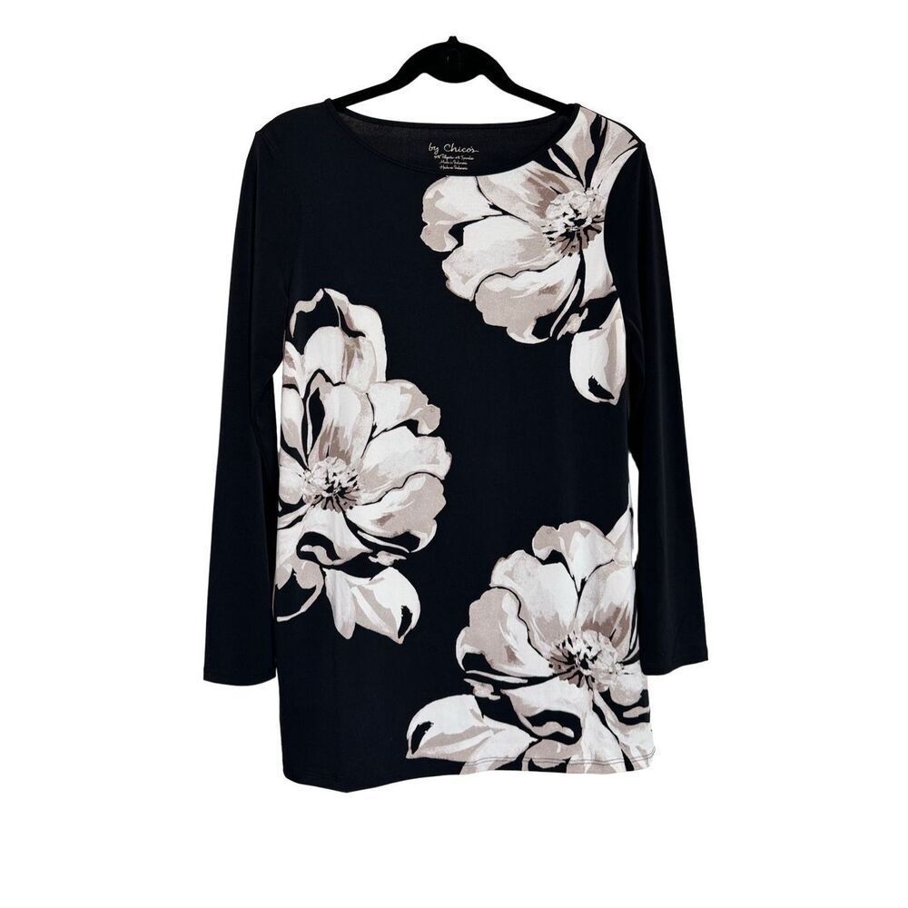 Chicos Top Womens SZ 0 S US 4 Black Blouse Floral Long Sleeve Pullover Crew Neck